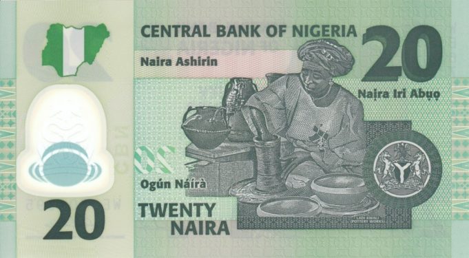 Picture of Ladi Kwali at the back of Nigerian 20 Naira note 