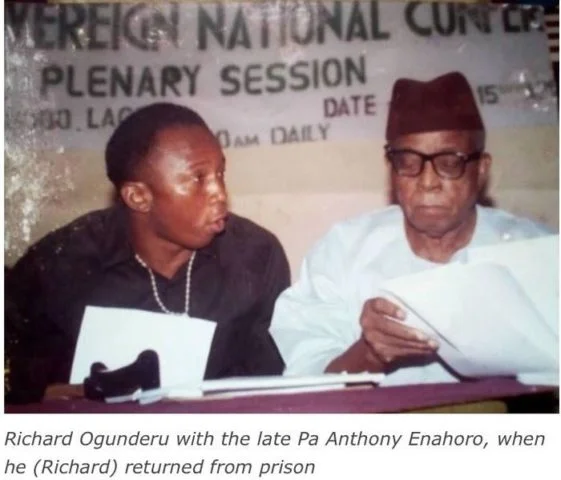 Richard Ogunderu with the late Pa Anthony Enahoro, when he (Richard) returned from prison