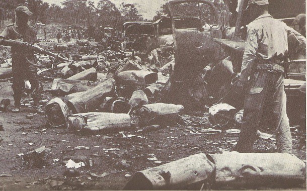 The aftermath of the Biafran made ogbunigwe rocket attack during Abagana Ambush