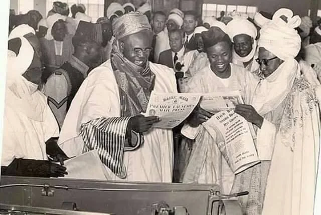 Premier of the Northern Region, Alhaji Sir Ahmadu Bello, Emir of Kano, Sir Muhammadu Sanusi Iat the launch of the newspaper, Daily Mail in Kano, March 1, 1961.